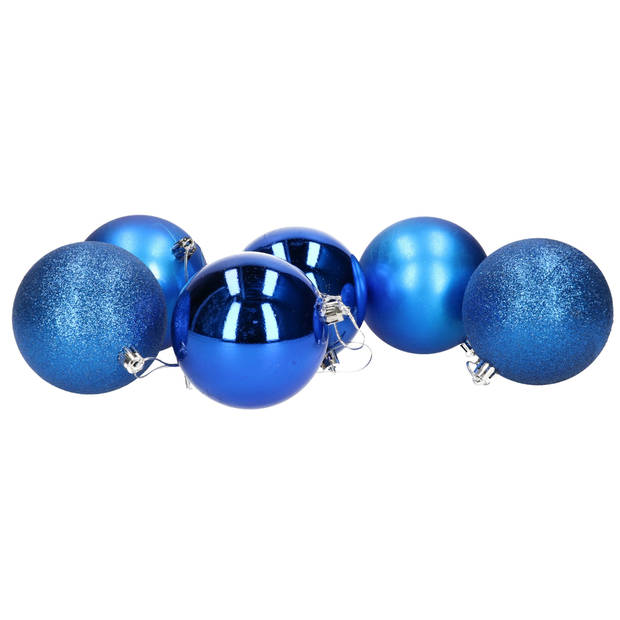 6x stuks kerstballen blauw mix van mat/glans/glitter kunststof 8 cm - Kerstbal