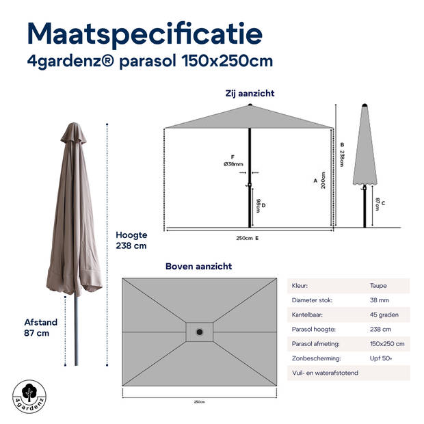 4gardenz® Parasol Rechthoek 150x250cm Kantelbaar Balkonparasol Taupe