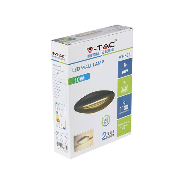 V-TAC VT-811-B Zwarte moderne LED wandlamp - IP65 - 10W - 1100 Lumen - 3000K