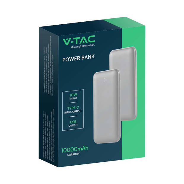 V-TAC VT-3527-S Power Banks met LED-scherm - Zilveren behuizing - 10000mAh