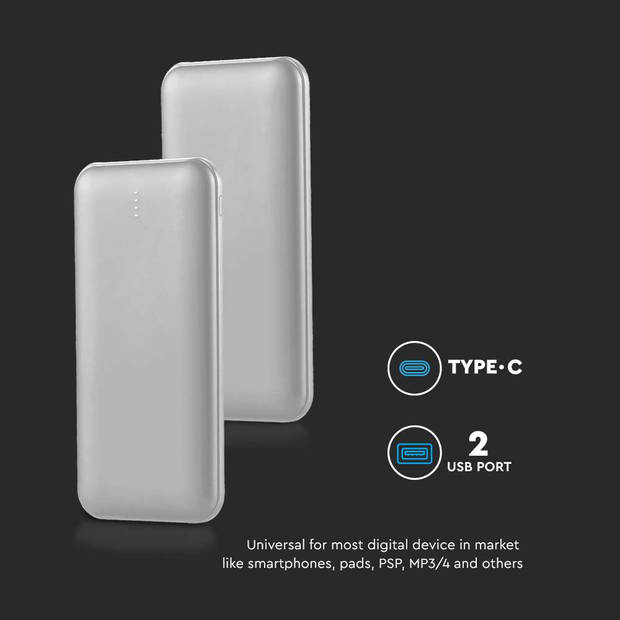 V-TAC VT-3527-S Power Banks met LED-scherm - Zilveren behuizing - 10000mAh