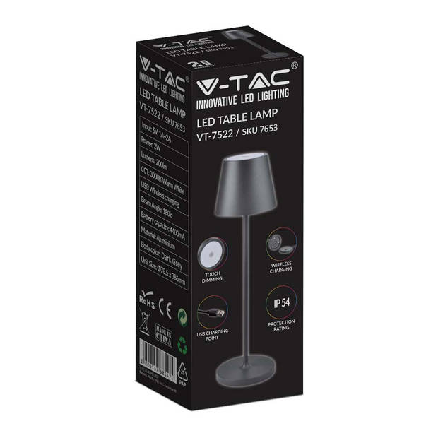 V-TAC VT-7522-G Draadloze oplaadbare tafellampen - Grijs - IP54 - 2W - 200 Lumen - 3000K - Modelnr: - VT-7522-G