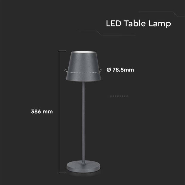 V-TAC VT-7522-G Draadloze oplaadbare tafellamp - Grijs - IP54 - 2W - 200 Lumen - 3000K