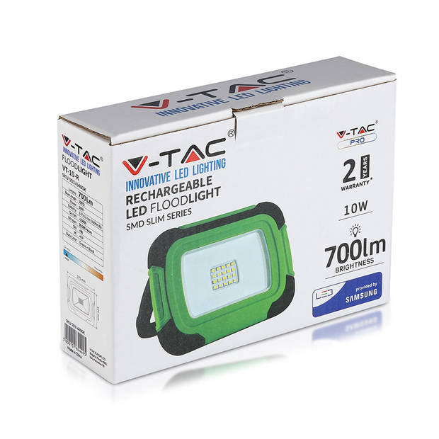 V-TAC VT-10-R Oplaadbare LED Schijnwerpers - Samsung - Groen+Zwart - IP44 - 10W - 700 Lumen - 6400K