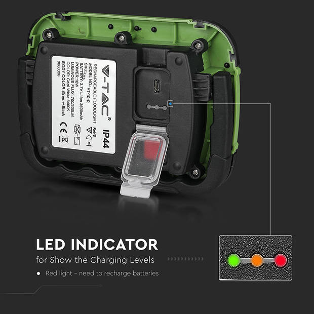 V-TAC VT-10-R Oplaadbare LED Schijnwerpers - Samsung - Groen+Zwart - IP44 - 10W - 700 Lumen - 6400K