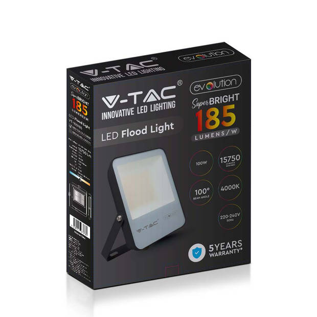 V-TAC VT-100185 Zwarte LED Schijnwerpers - 185lm/w - Evolution - IP65 - 100W - 15750 Lumen - 6400K - 5 Jaar