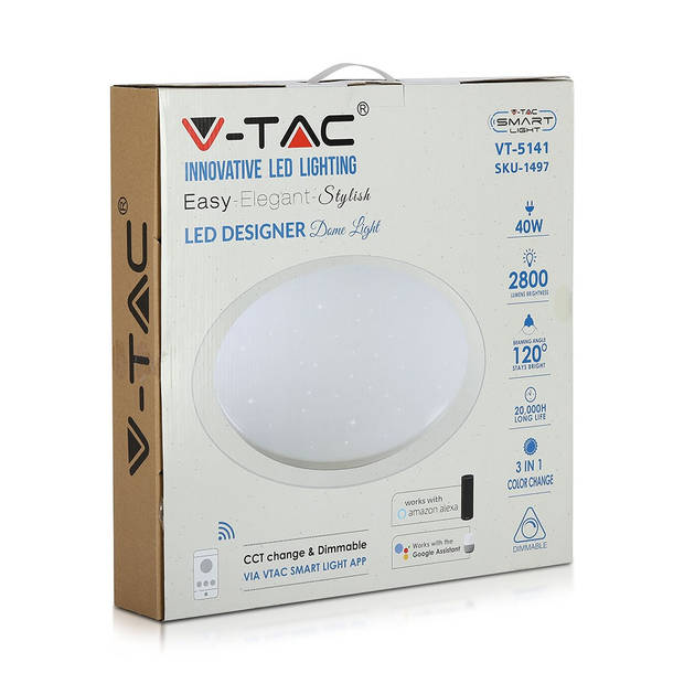 V-TAC VT-5141 Slimme LED-plafonniere - IP20 - Wit - 40W - 2800 Lumen - 3IN1