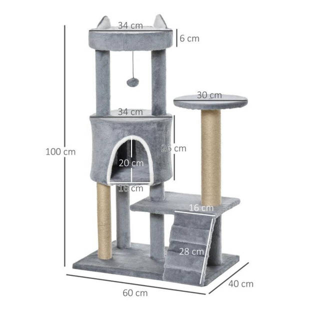 Krabpaal - Kattenspeeltjes - Kattenspeelgoed - Katten- Kattenkrabpaal - Grijs - 60 x 40 x 100 cm