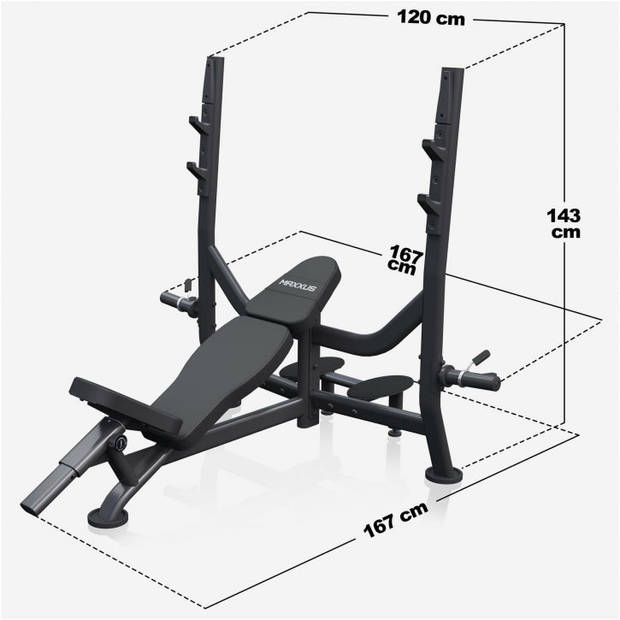 MAXXUS Incline halterbank PRO - Fitnessbank met Rack - Belastbaar tot 285 kg - Zwart