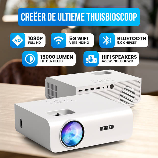 Strex Beamer - 1080P Full HD - 15000 Lumen - Draadloos Streamen - Inclusief Tas/Projectiescherm - WiFi - Bluetooth -