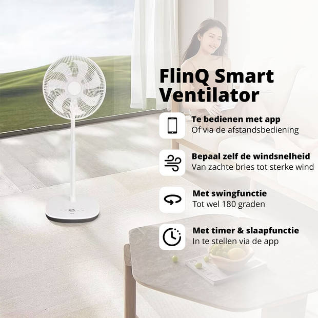 FlinQ Slimme Staande Ventilator - Stille Waaier - Bedienen met App of Afstandsbediening