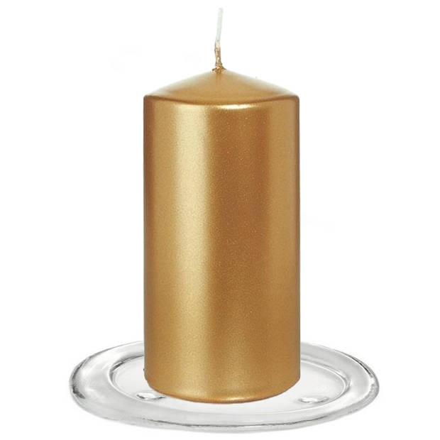 Trend Candles - Stompkaarsen met glazen onderzetters set van 2x stuks - goud metallic 6 x 12 cm - Stompkaarsen