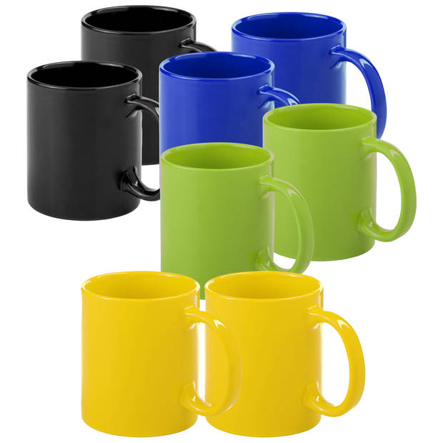 Bellatio Design Koffie mokken/drinkbekers Auxerre - 8x - keramiek - geel/groen/blauw/zwart - 370 ml - Bekers
