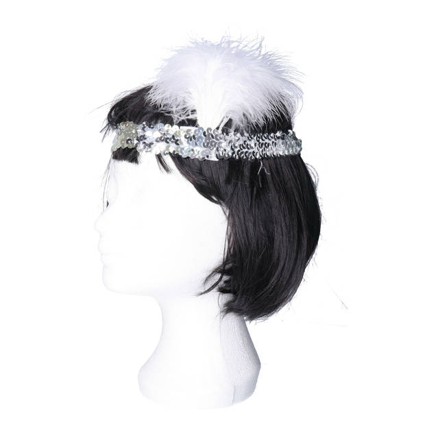 Charleston Flapper Hoofdband - met veer en glitters - zilver - Dames - jaren 20/Twenties thema - Verkleedhaardecoratie