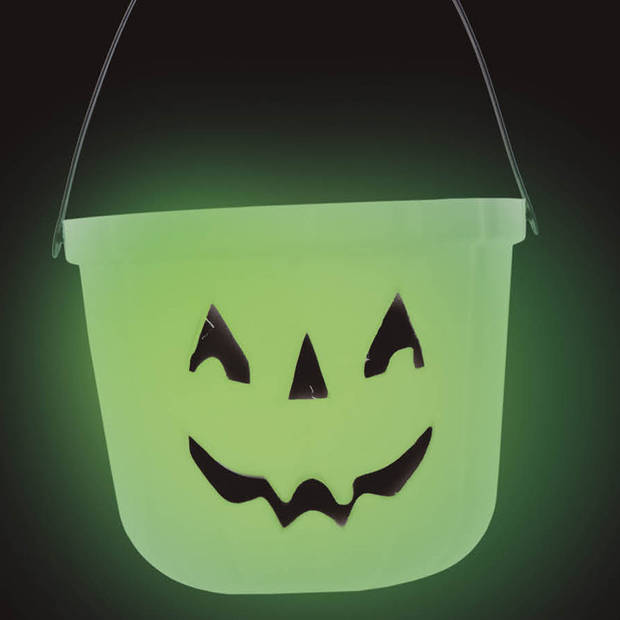 Trick or treat snoep emmertje - pompoen - glow in the dark - D20 cm - Feestdecoratievoorwerp