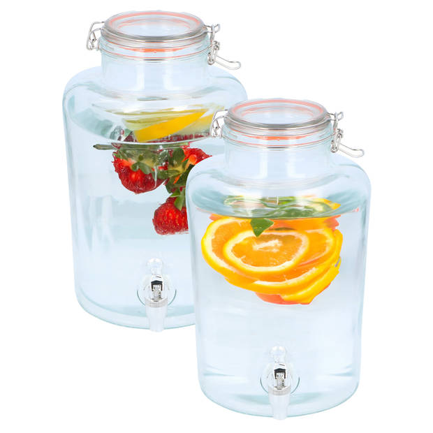 Drank dispenser/limonadetap - 2x - 8 liter - glas - met kraantje - Drankdispensers