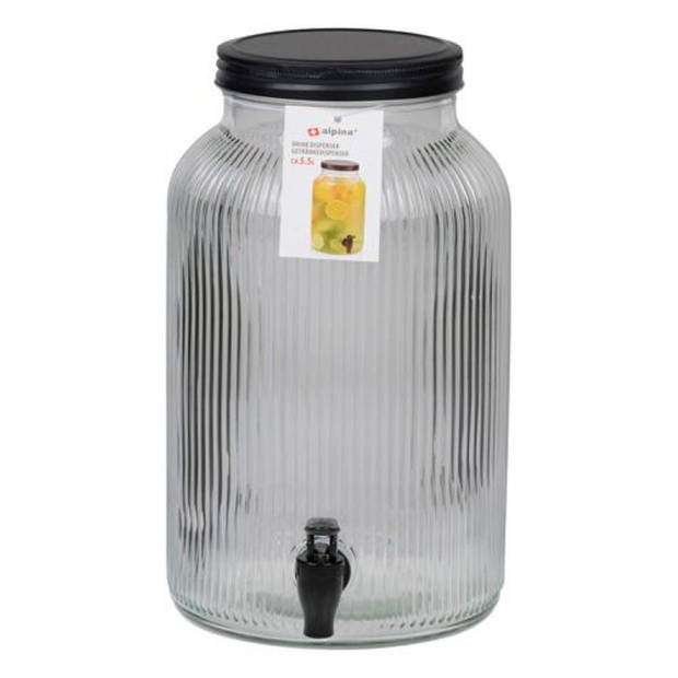 Drank/water/sap dispenser Beverages - 5.5 Liter - bewerkt deco glas - tapkraan/deksel - zwart - Drankdispensers