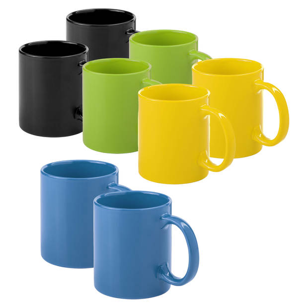 Bellatio Design Koffie mokken/drinkbekers Auxerre - 8x - keramiek - geel/groen/blauw/zwart - 370 ml - Bekers