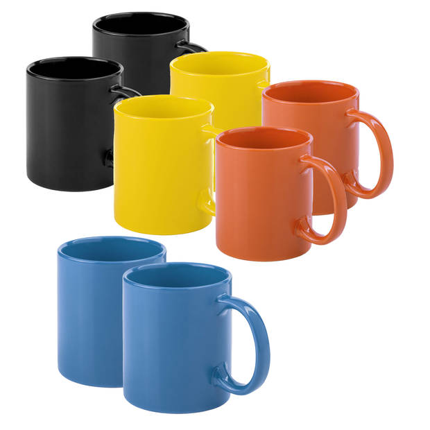 Bellatio Design Koffie mokken/drinkbekers Auxerre - 8x - keramiek - geel/oranje/blauw/zwart - 370 ml - Bekers