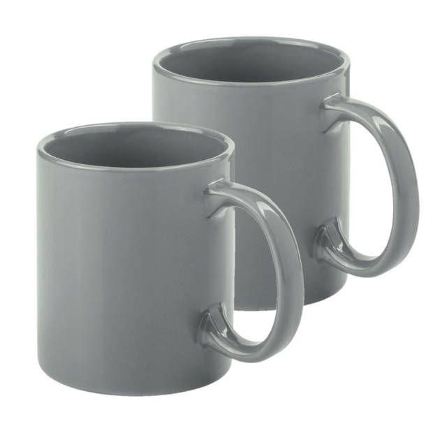 Bellatio Design Koffie mokken/bekers - 2x - keramiek - glans - met oor - grijs - 370 ml - Bekers