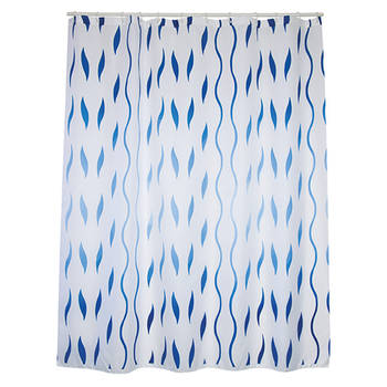 MSV Douchegordijn met ringen - wit/blauw - golven print - Polyester - 180 x 200 cm - wasbaar - Douchegordijnen