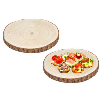 5Five Voedsel/hapjes serveer plank/boomschijf met schors - 2x - D28 cm - rond - Serveerschalen