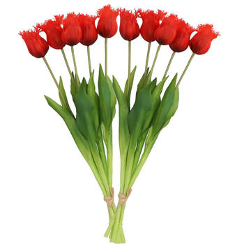 DK Design Kunst tulpen boeket - 10x stuks - rood - real touch - 46 cm - Kunstbloemen