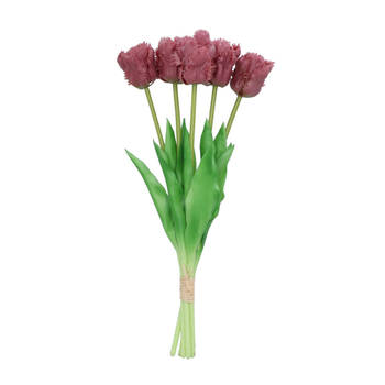DK Design Kunst tulpen boeket - 5x stuks - aubergine paars - real touch - 39 cm - Kunstbloemen