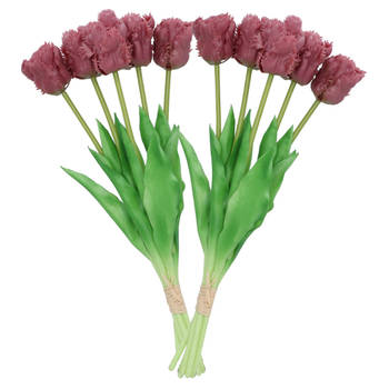 DK Design Kunst tulpen boeket - 10x stuks - aubergine paars - real touch - 39 cm - Kunstbloemen