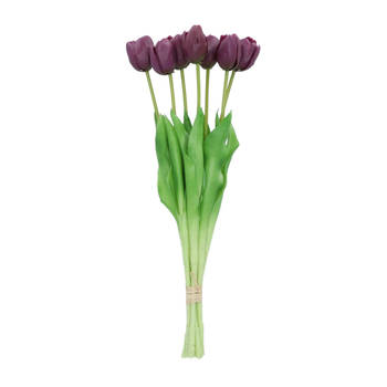 DK Design Kunst tulpen boeket - 7x stuks - donker paars - real touch - 43 cm - Kunstbloemen