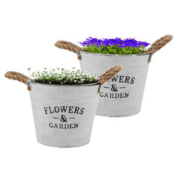 DK Design plantenpot/bloempot emmer Jardin- 2x - zink - wit - D22 x H16 cm - Plantenpotten