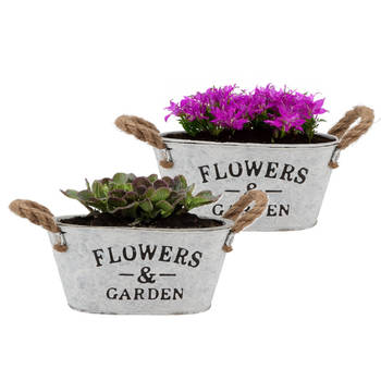 DK Design plantenpot/bloempot teil Jardin- 2x - zink - wit - L21 x D13 x H10 cm - Plantenpotten