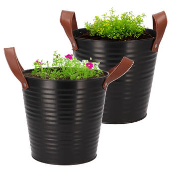 DK Design plantenpot/bloempot emmer Leather- 2x - zink - zwart - D18 x H17 cm - Plantenpotten