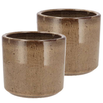 DK Design Bloempot model Brown Glaze - 2x - taupe - D14 x H15 cm - glanzend - Plantenpotten