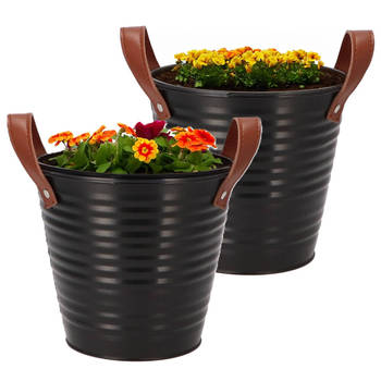 DK Design plantenpot/bloempot emmer Leather- 2x - zink - zwart - D16 x H15 cm - Plantenpotten