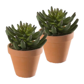 Kunstplant Sedum Rupestre - 2x - groen - in terracotta pot - 14 cm - Kunstplanten