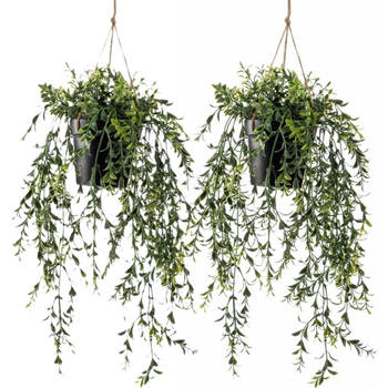 Emerald kunstplant/hangplant - 2x - Buxus - groen - 50 cm lang - Kunstplanten