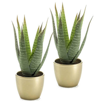 Kunstplant Aloe Vera - 2x - groen - in gouden pot - 23 cm - Kunstplanten
