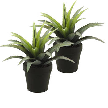 Kunstplant Agave Bush - 2x - groen met stekels - in zwarte pot - 18 cm - Kunstplanten