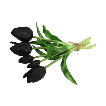 Countryfield Kunst tulpen boeket - 5x stuks - zwart - real touch - 28 cm - Kunstbloemen