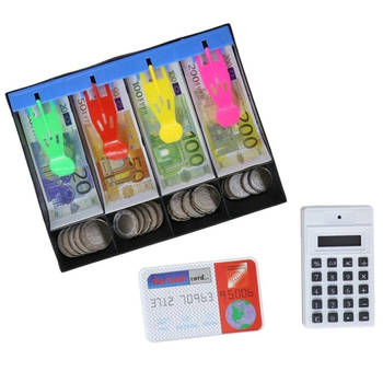 Speelgeld set in kassa lade - met rekenmachine en bankpasje - Speelgeld