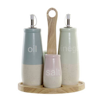 Items Azijn/Olie flessen tafelset - met peper/zout vaatjes - keramiek/bamboe - kleurenmix - Olie- en azijnstellen