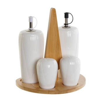Items Azijn/Olie flessen tafelset - met peper/zout vaatjes - porselein/bamboe - wit - Olie- en azijnstellen