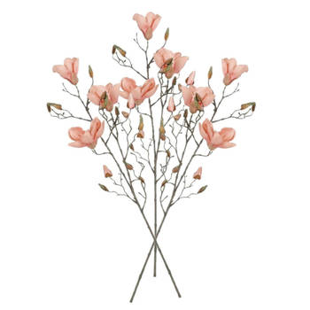 Mica Decorations Kunstbloem Magnolia tak - 3x - 88 cm - perzik roze - Kunst zijdebloemen - Kunstbloemen