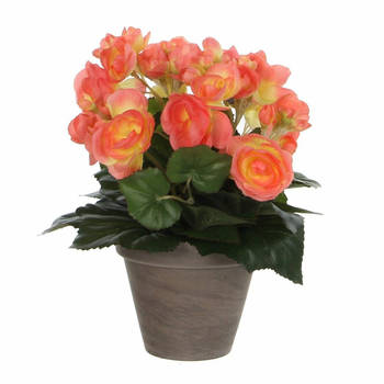 Zalmroze Begonia kunstplant 30 cm in grijze pot - Kunstplanten