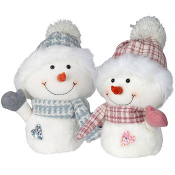 Pluche sneeuwpop knuffels - set 2x st - roze en blauw - 27 cm - Kerstman pop