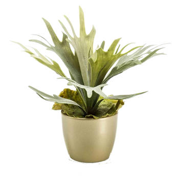 Emerald Kunstplant Staghorn varen - groen - in gouden pot - 38 cm - Kunstplanten