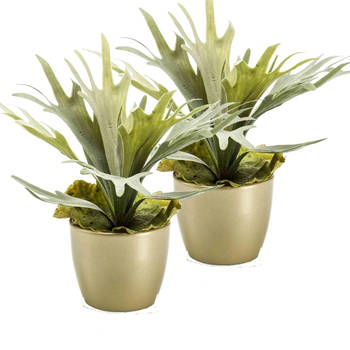 Kunstplant Staghorn varen - 2x - groen - in gouden pot - 38 cm - Kunstplanten