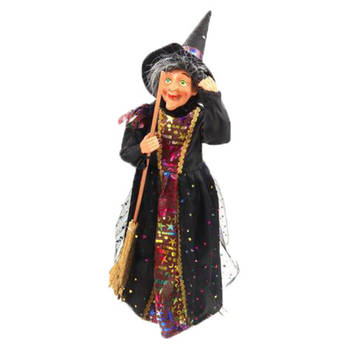 Creation decoratie heksen pop - staand - 42 cm - zwart/rood - Halloween versiering - Halloween poppen