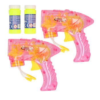Bellenblaas speelgoed pistool - 2x - met vullingen - roze - 15 cm - plastic - bellen blazen - Bellenblaas